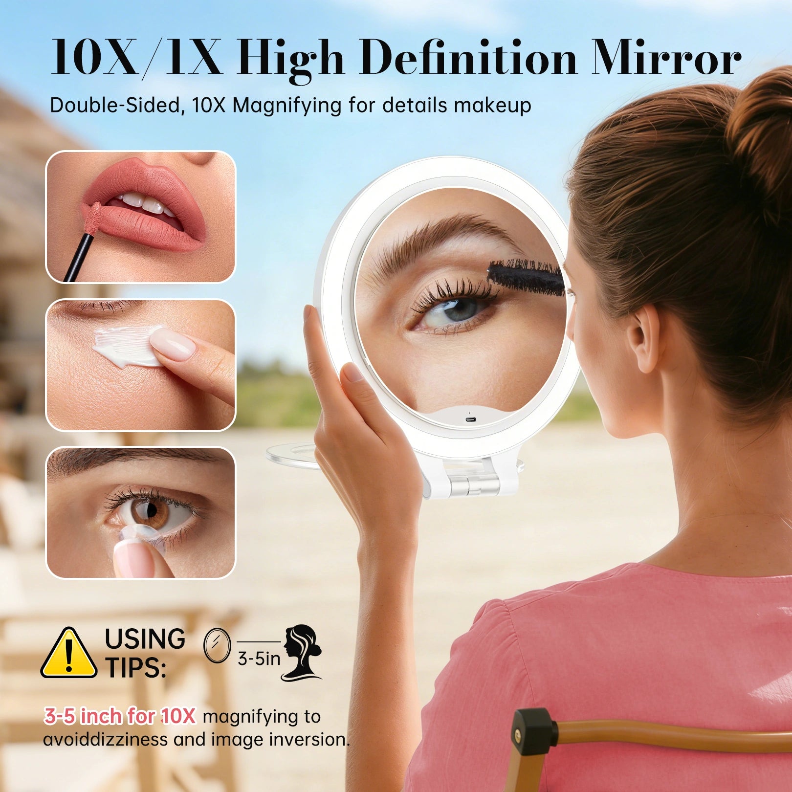 10X magnifying LED makeup mirror for detailed eye makeup, skincare and beauty application