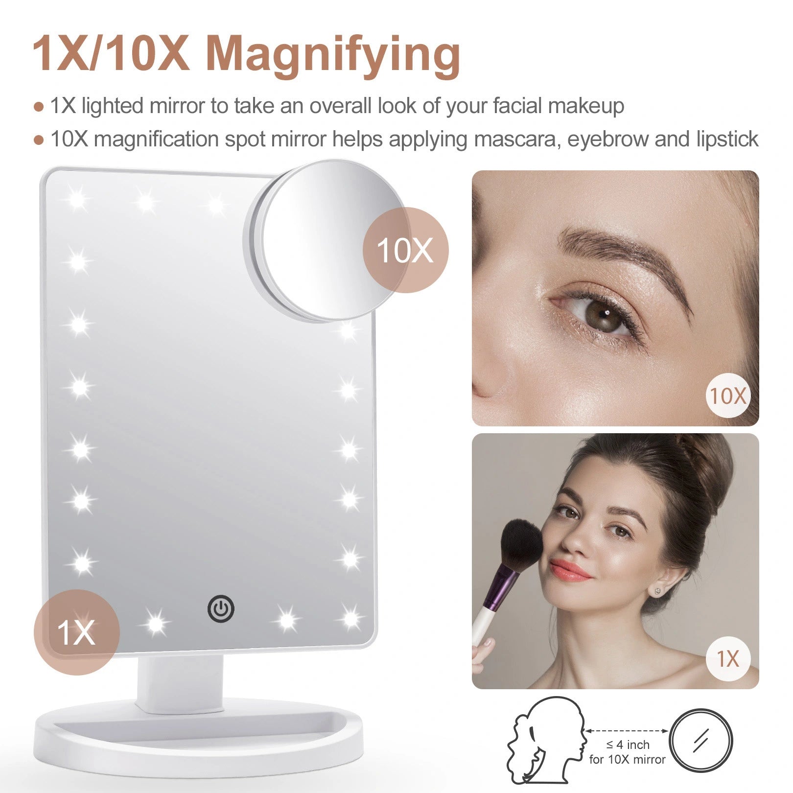Double sided LED makeup mirror with 1X and 10X magnification for detailed makeup application
