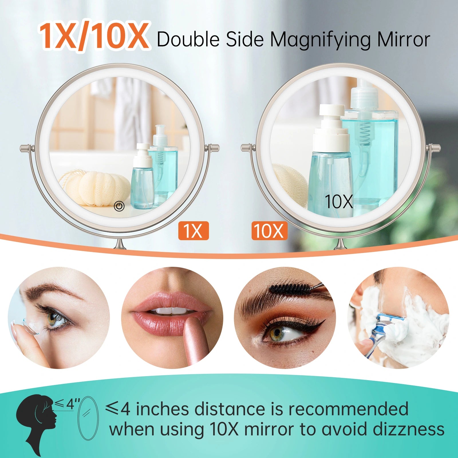 Double sided wall mounted makeup mirror with 1X and 10X magnification for detailed makeup