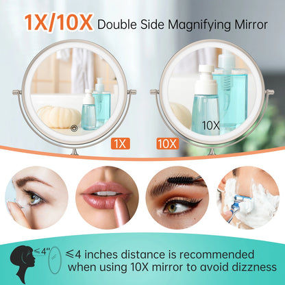 Double sided wall mounted makeup mirror with 1X and 10X magnification for detailed makeup