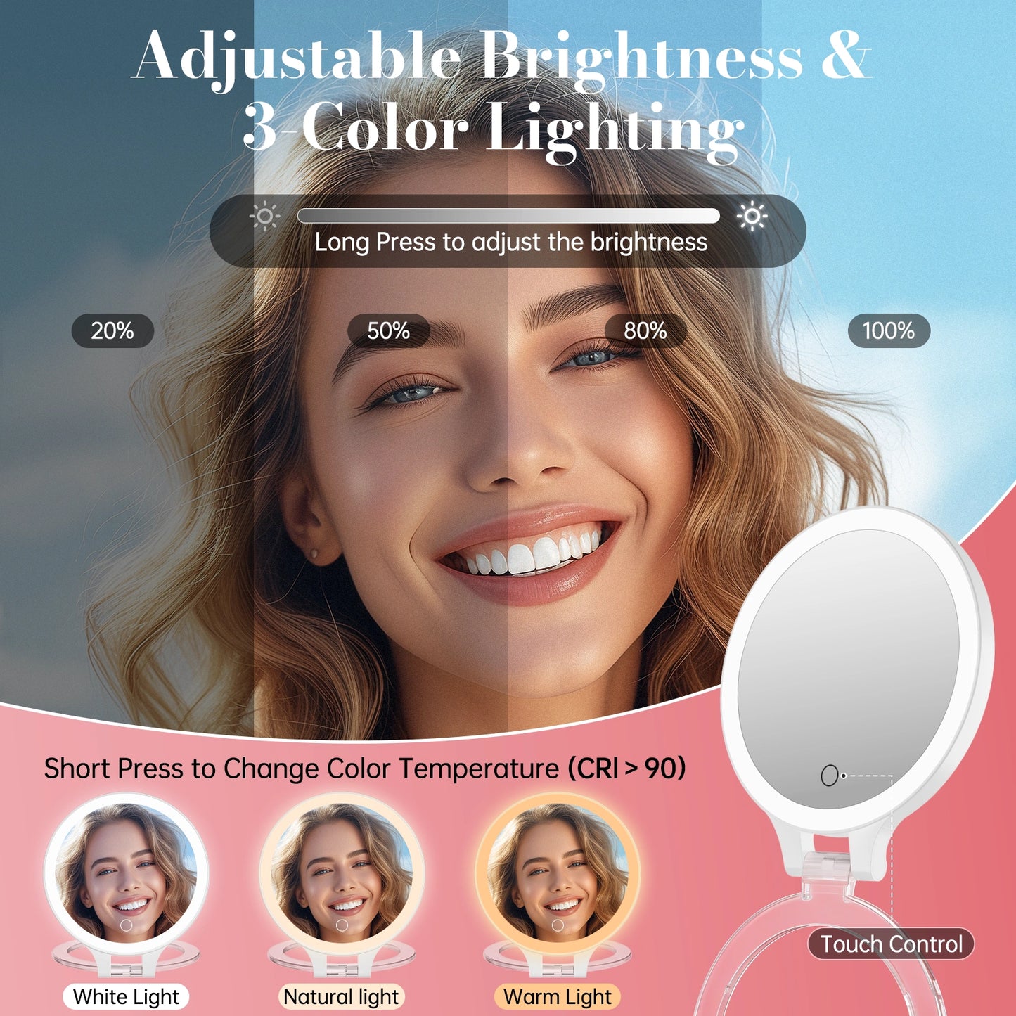 LED makeup mirror with 3 color lighting modes and adjustable brightness for perfect makeup application