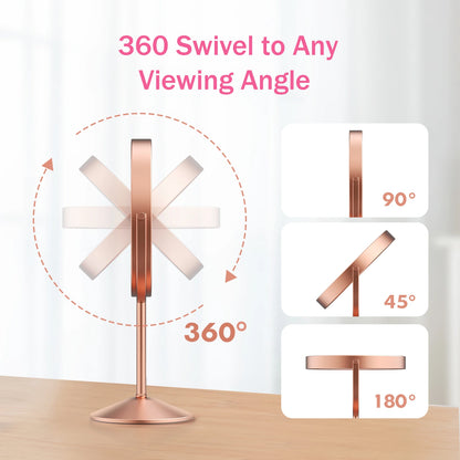 360 degree rotating vanity mirror with adjustable viewing angles for makeup application