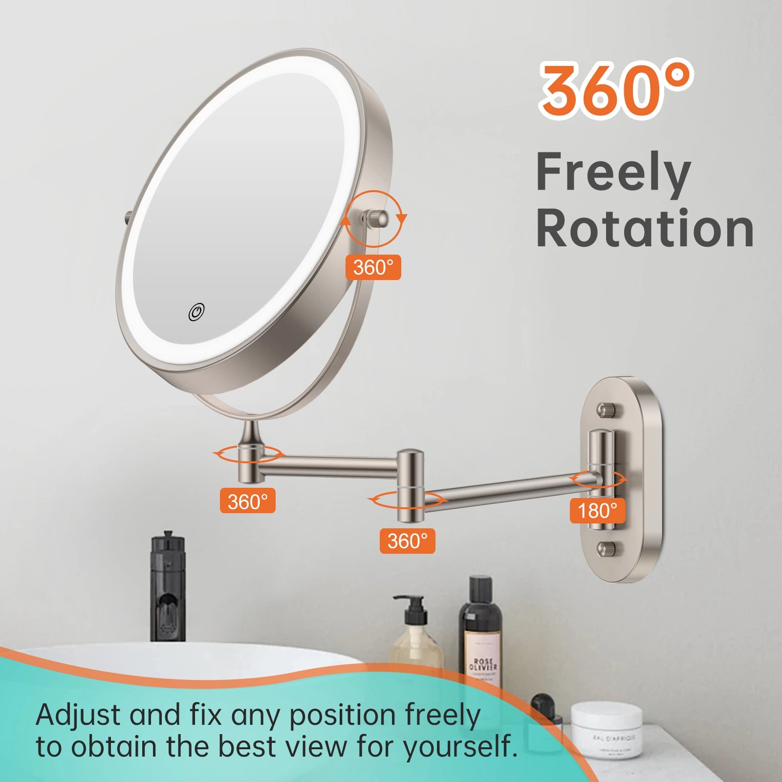 360 degree swivel wall mounted makeup mirror with adjustable viewing angles