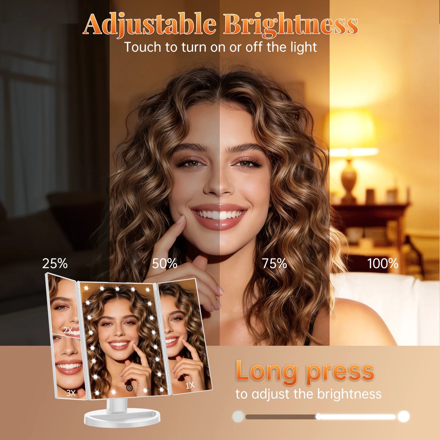 LED makeup mirror with adjustable brightness and touch control dimming function