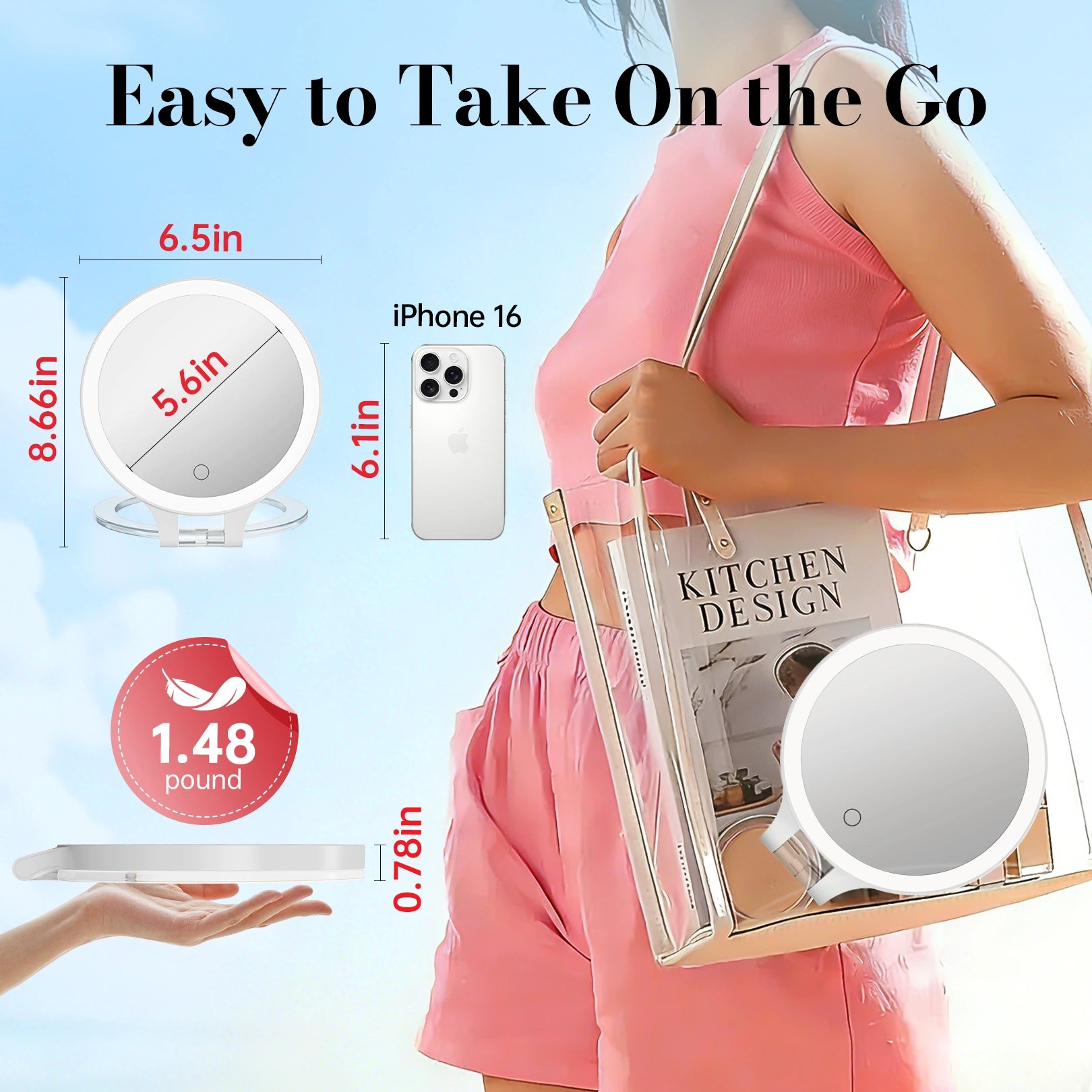 Compact travel makeup mirror with LED lights, lightweight design for handbags and on-the-go beauty