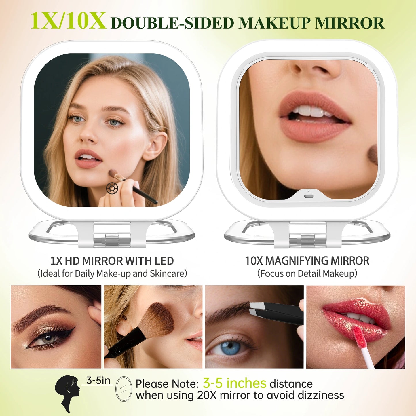 Double sided makeup mirror with 1X and 10X magnification for detailed makeup application