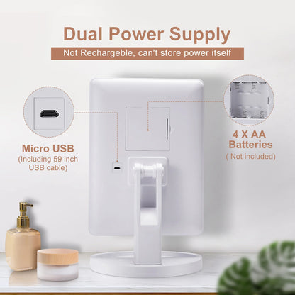 Tabletop LED makeup mirror with dual power supply and convenient USB charging option