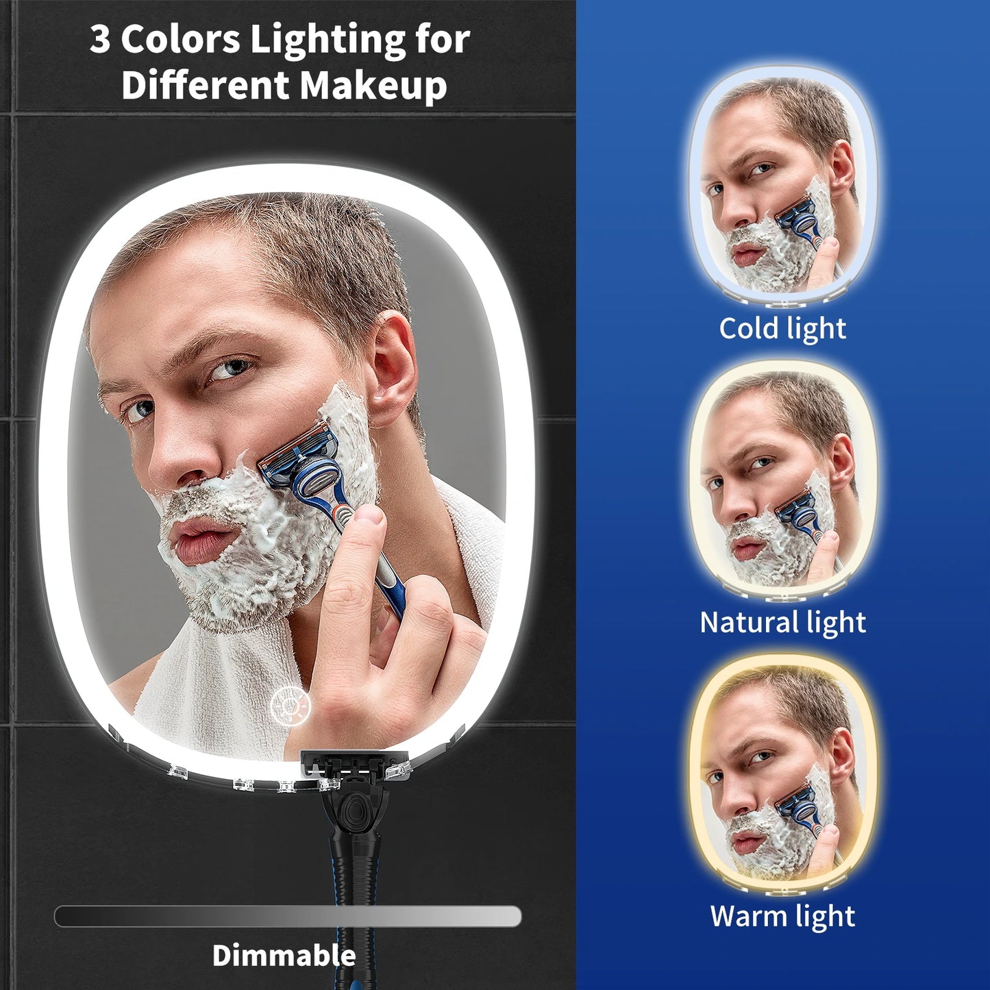 Dimmable LED shower shaving mirror with cool, natural and warm light settings