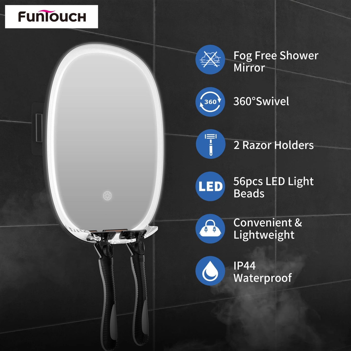 Fogless LED shower shaving mirror with 360-degree swivel, two razor holders and IP44 rating