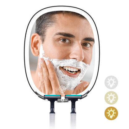 Man shaving with a fogless LED shower mirror featuring touch control and dual razor holders