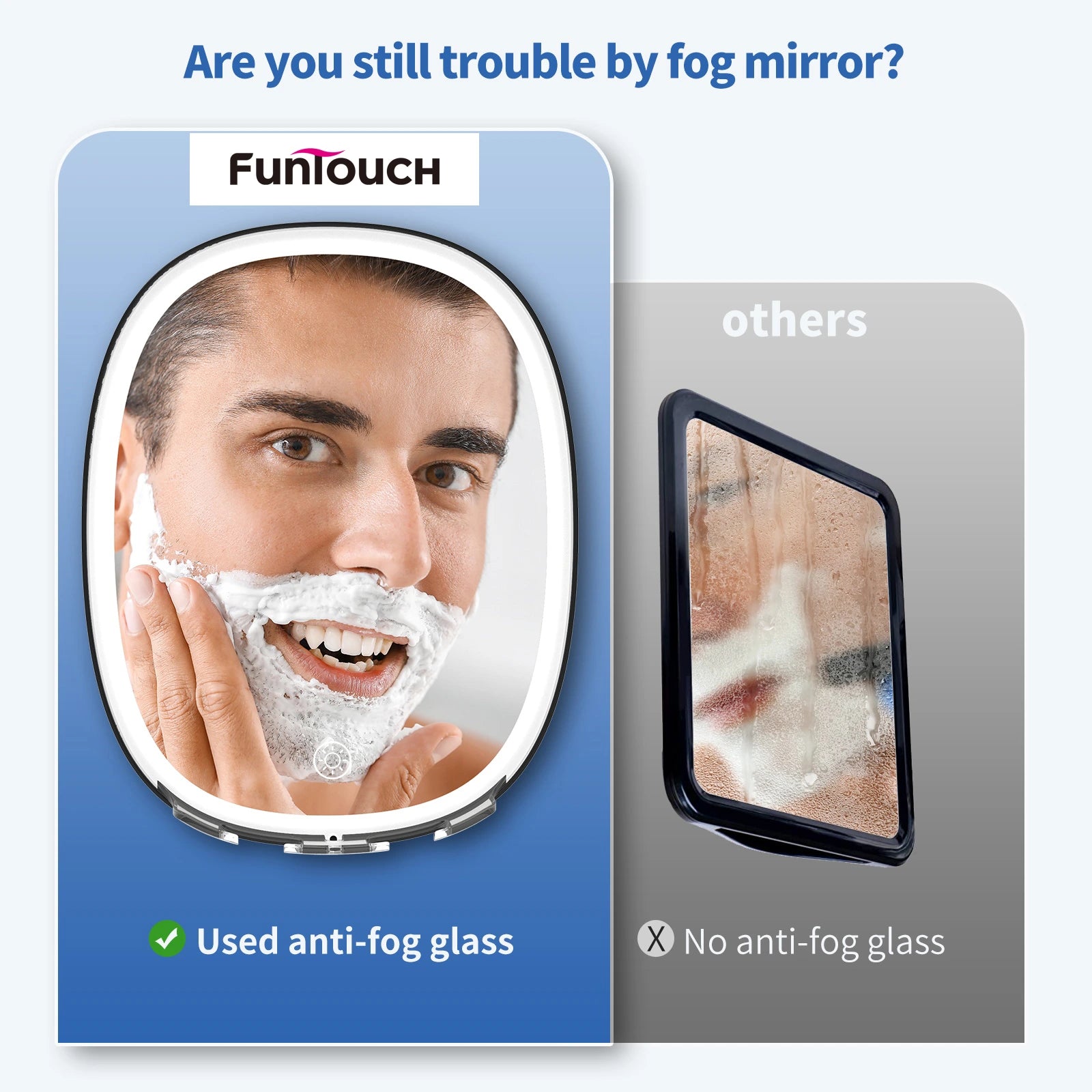 Anti-fog shower shaving mirror compared with a fogged standard bathroom mirror
