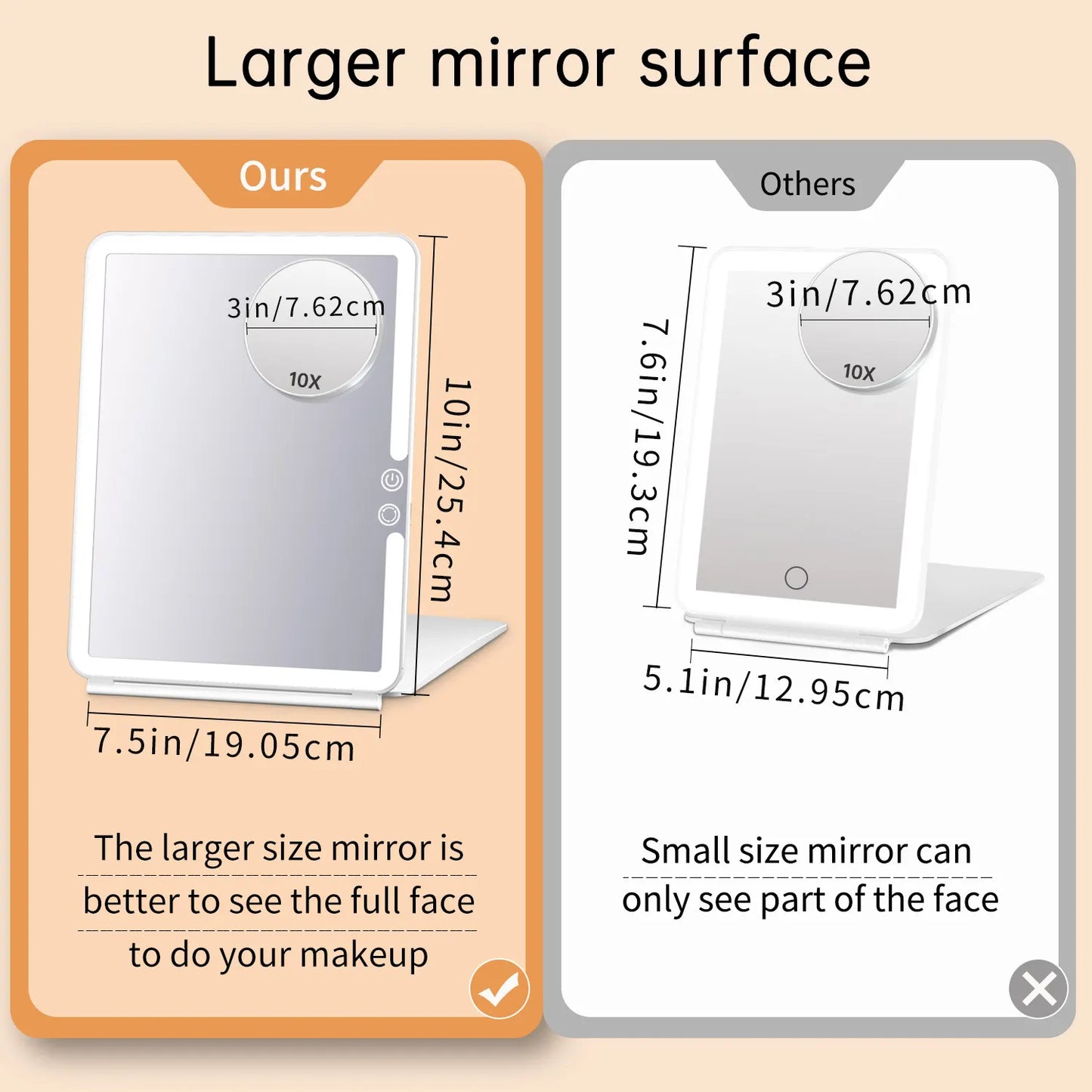 Dimension specs of Funtouch foldable travel vanity mirror with detachable 10x magnifier.
