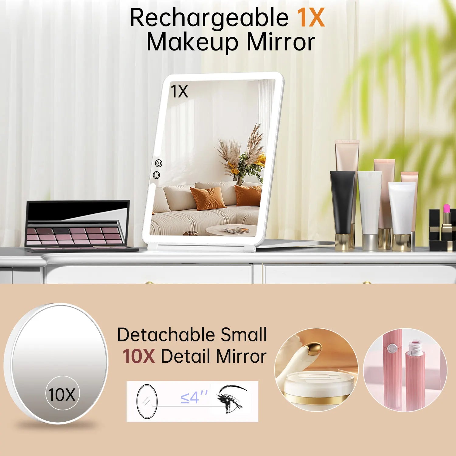 Funtouch rechargeable folding makeup mirror with 1X normal and 10X magnifying spot mirror for cosmetic makeup.