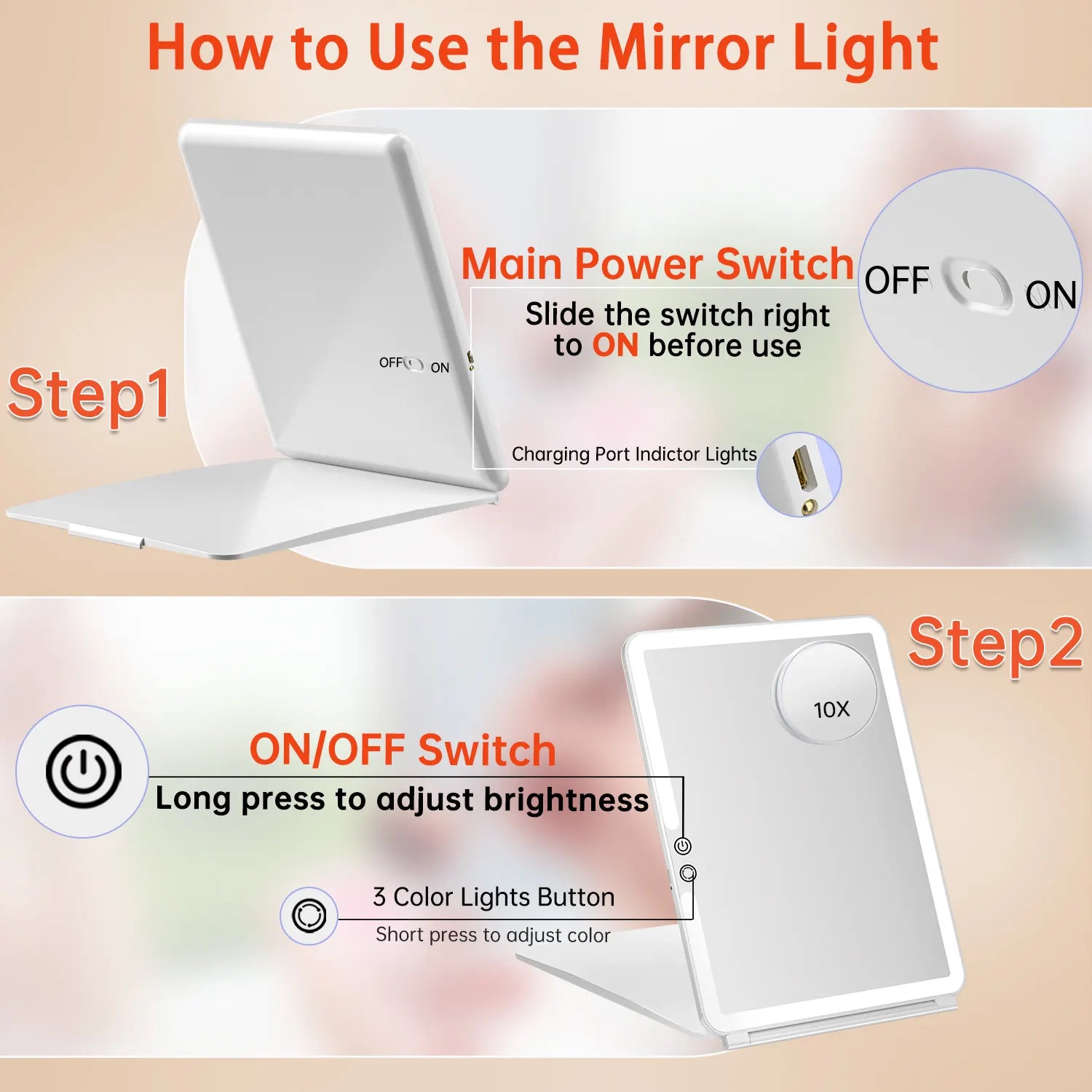 Step-by-step usage guide of Funtouch folding lighted makeup mirror power and switch operation.
