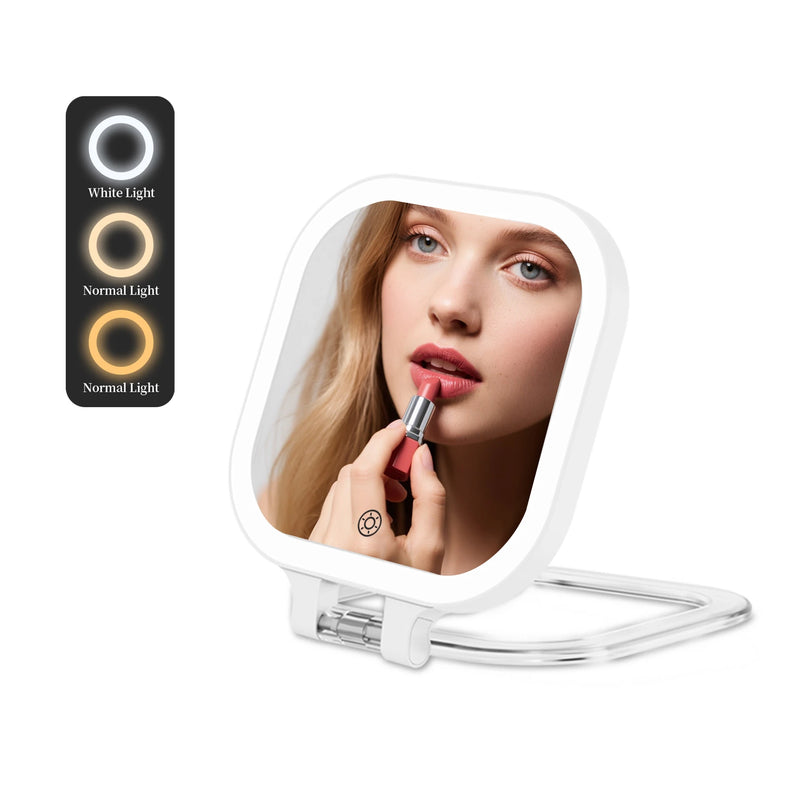 Funtouch SM420 compact mirror with 3 color LED lights (cool, natural, warm), adjustable for different makeup needs and occasions.