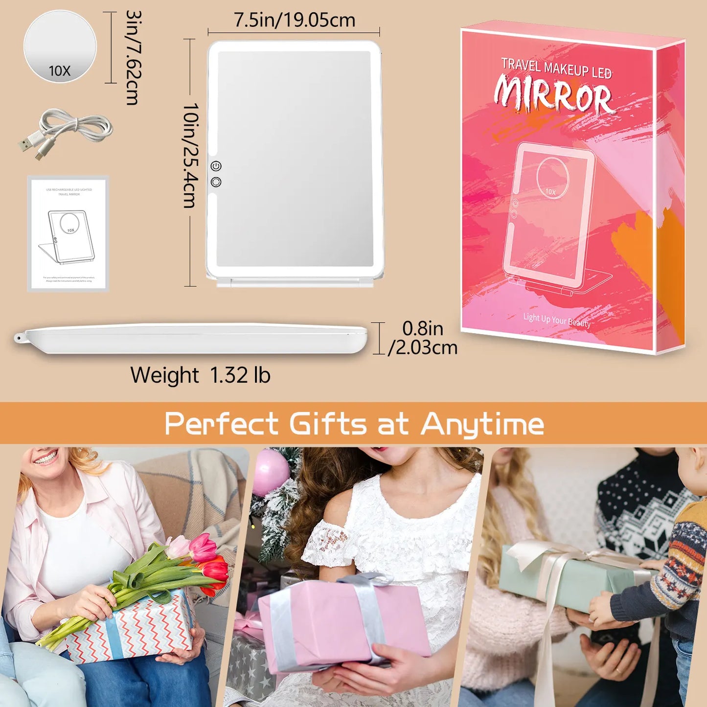 Funtouch folding led makeup mirror gift box packaging ideal present for birthday holiday gift.