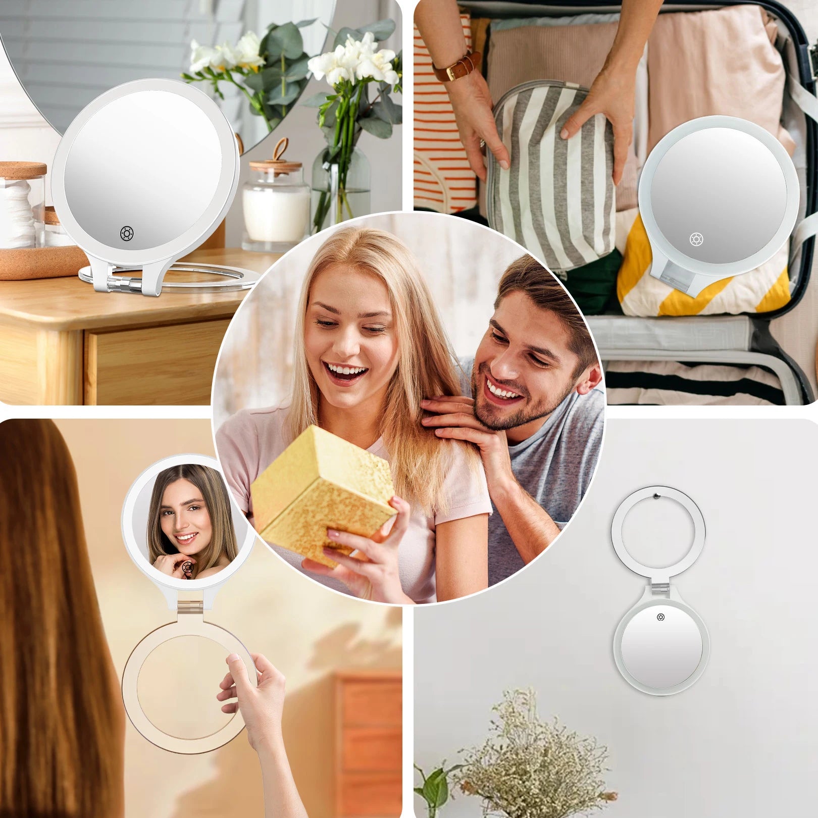 Funtouch RM451 compact mirror used as desktop, travel, handheld, and hanging mirror for different occasions.