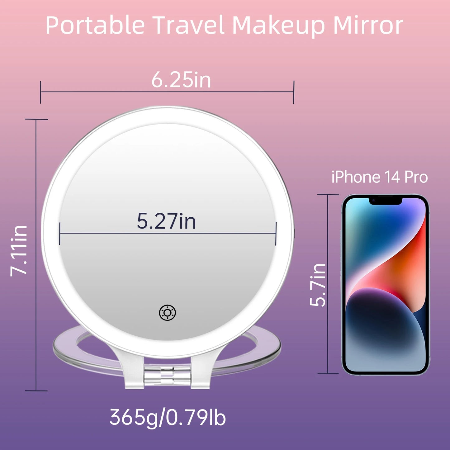 Funtouch RM451 portable makeup mirror dimensions chart, showing compact size for easy travel and storage.