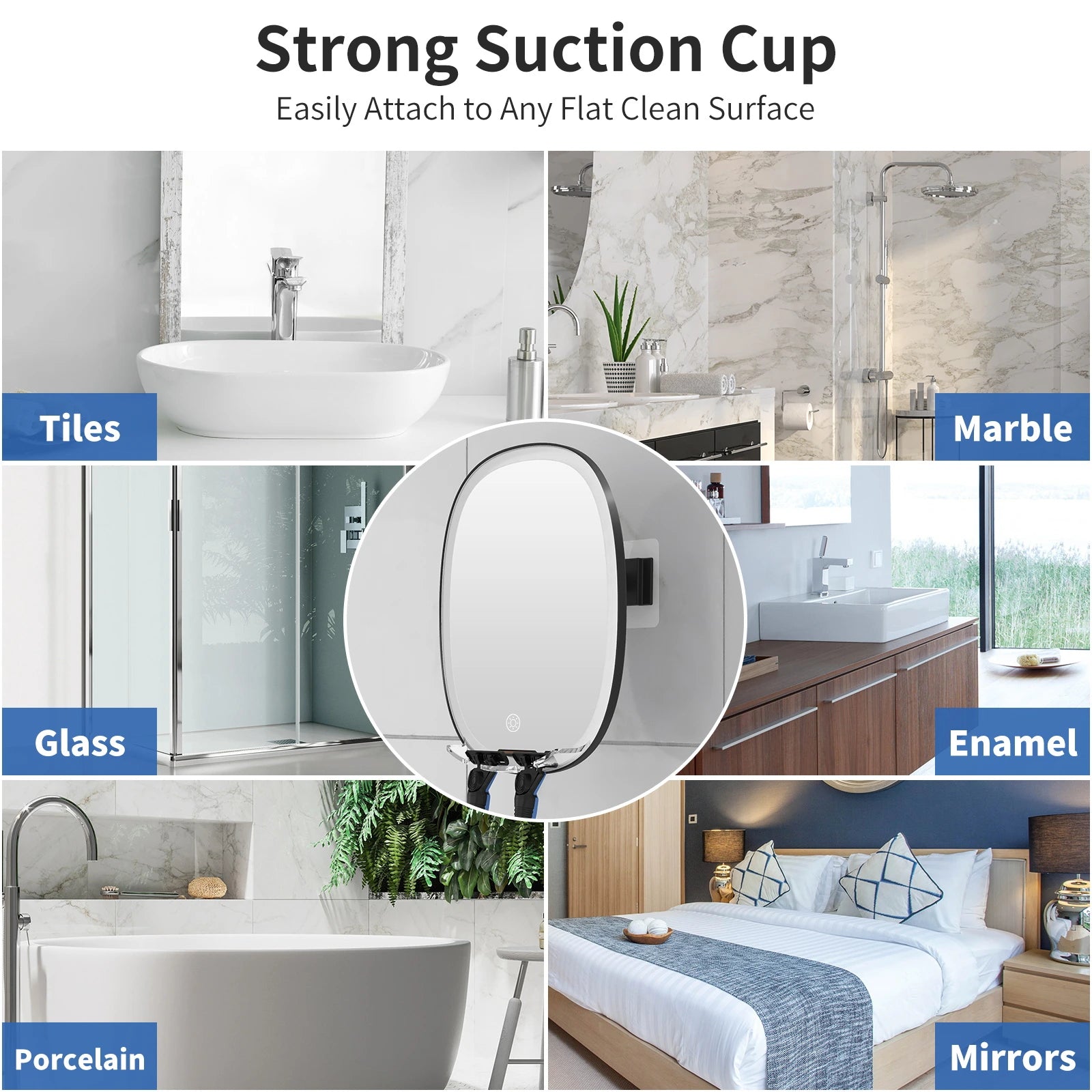 Suction-cup shower mirror mounted on smooth bathroom surfaces including tile, glass and marble
