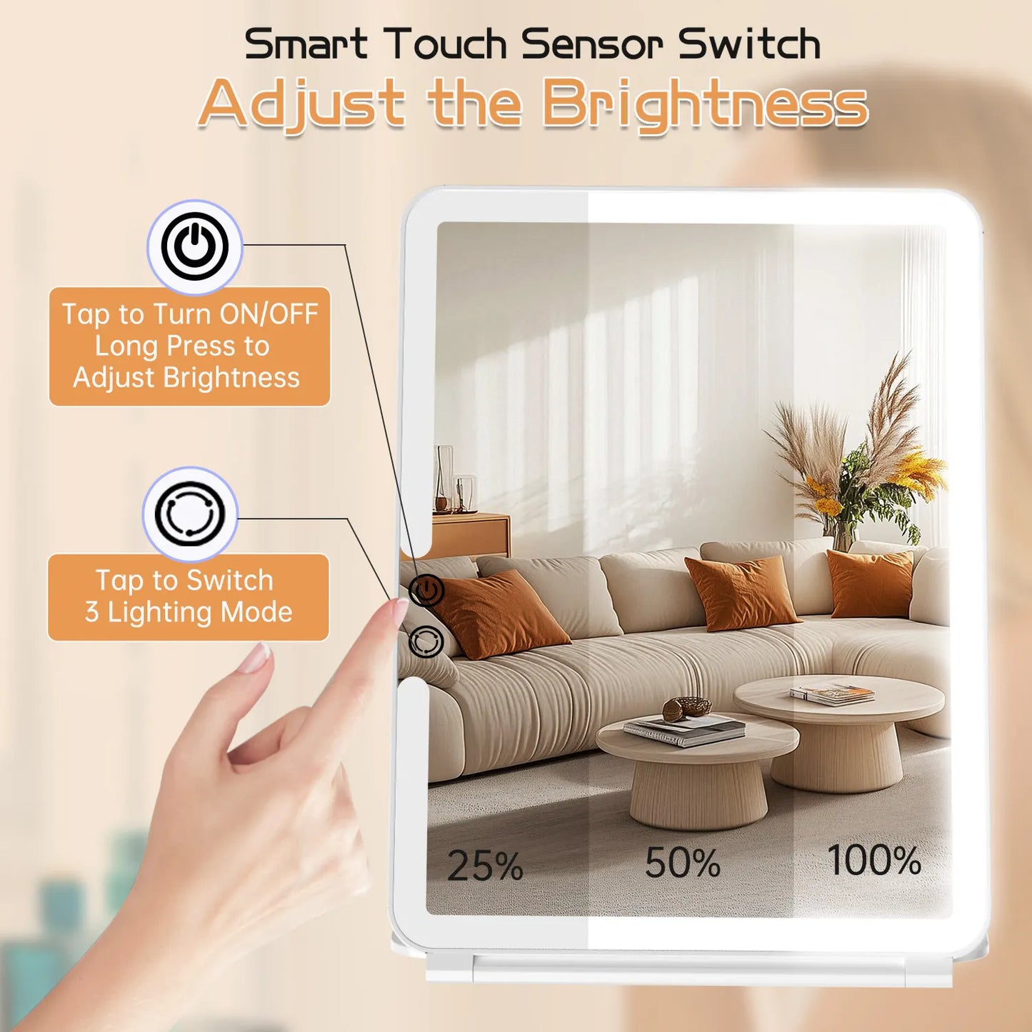 Smart touch control dimmable brightness Funtouch led folding makeup mirror indoor bedroom scene.
