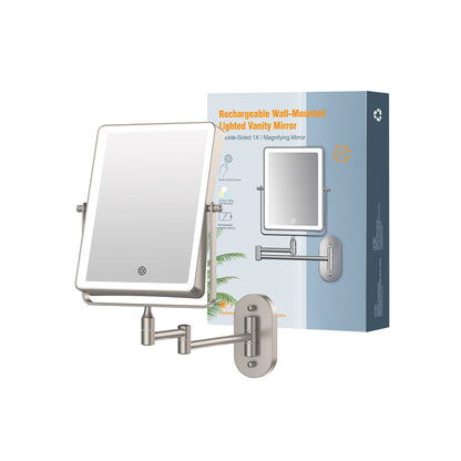 Funtouch champagne gold square wall-mounted LED mirror, foldable telescoping vanity mirror with Type-C charging cable included.