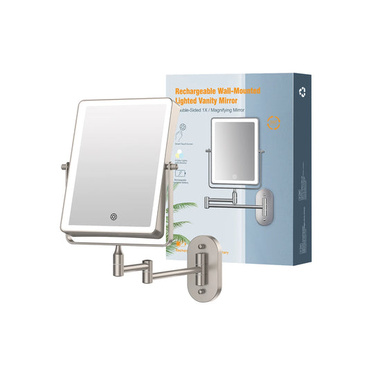 Funtouch champagne gold square wall-mounted LED mirror, foldable telescoping vanity mirror with Type-C charging cable included.