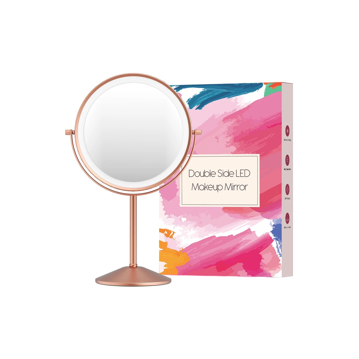 Funtouch rose gold tabletop LED makeup mirror with light, double-sided 1x/10x magnification, cordless vanity mirror for bathroom and bedroom.