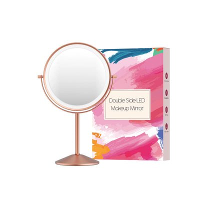 Funtouch rose gold tabletop LED makeup mirror with light, double-sided 1x/10x magnification, cordless vanity mirror for bathroom and bedroom.