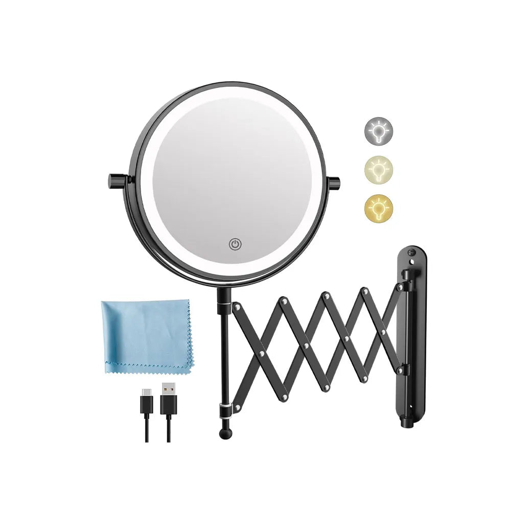 Funtouch black wall-mounted telescoping LED makeup mirror with accessories, double-sided vanity mirror for bathroom