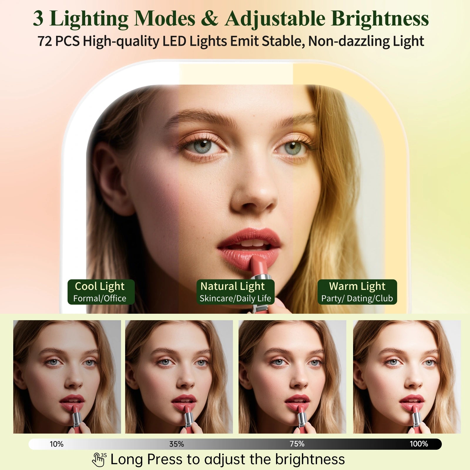 LED makeup mirror with 3 lighting modes and adjustable brightness for flawless makeup