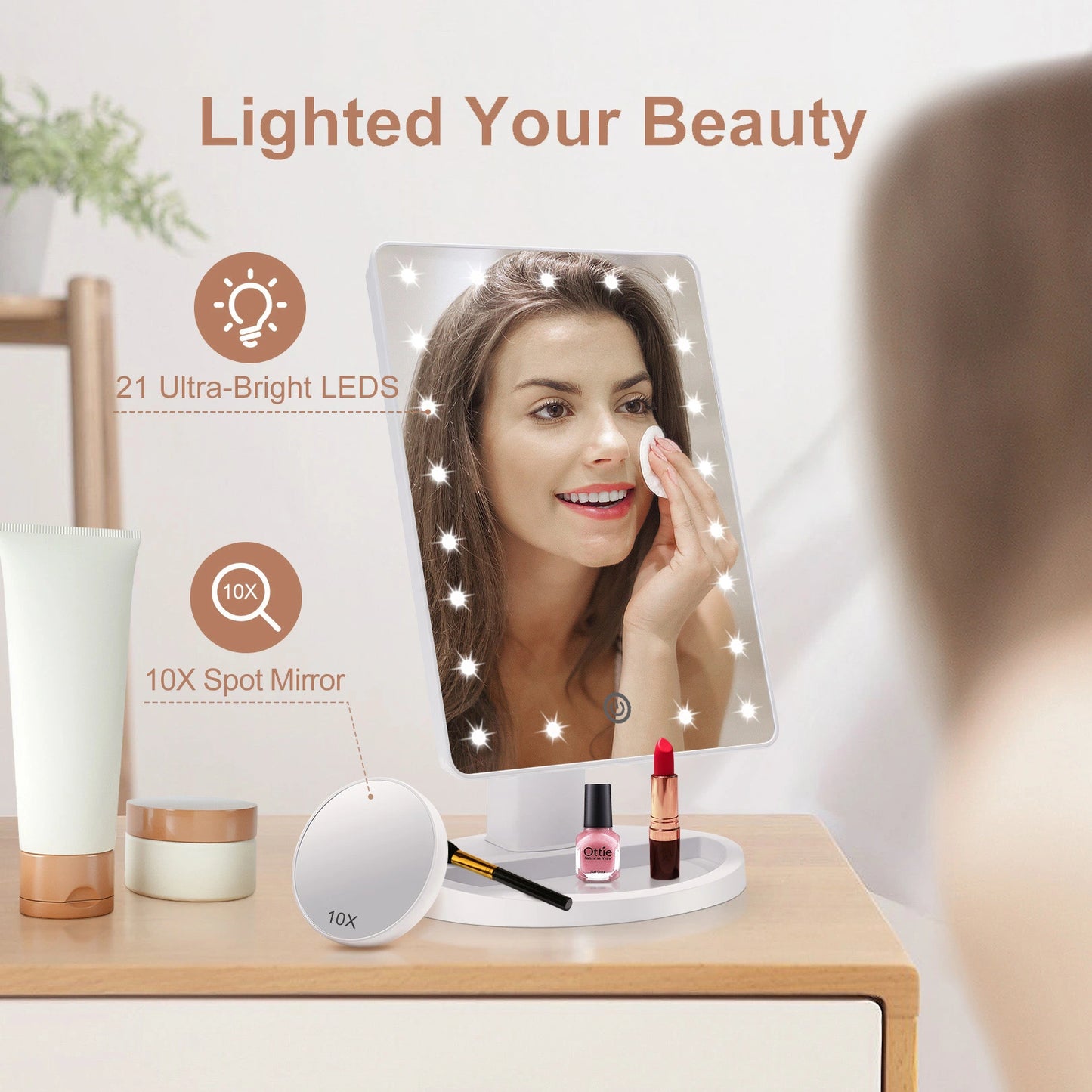 Lighted vanity mirror with LED lights for bedroom makeup table and daily beauty routine