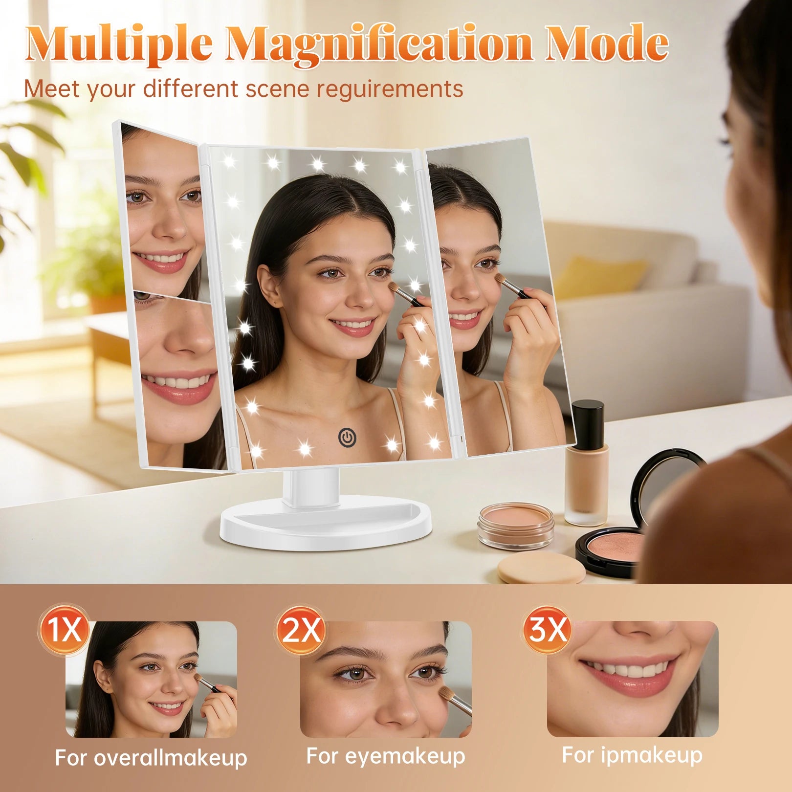 Tri fold makeup mirror with 1X 2X 3X and 10X magnification for detailed beauty application