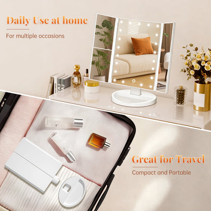 Folding LED makeup mirror with compact design for travel and daily use