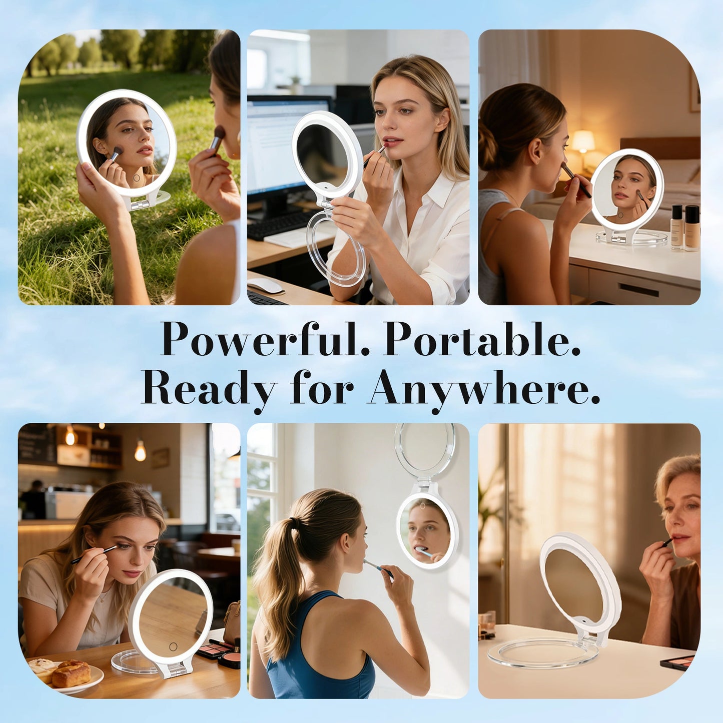 Portable LED makeup mirror for travel and daily beauty routine with compact lightweight design