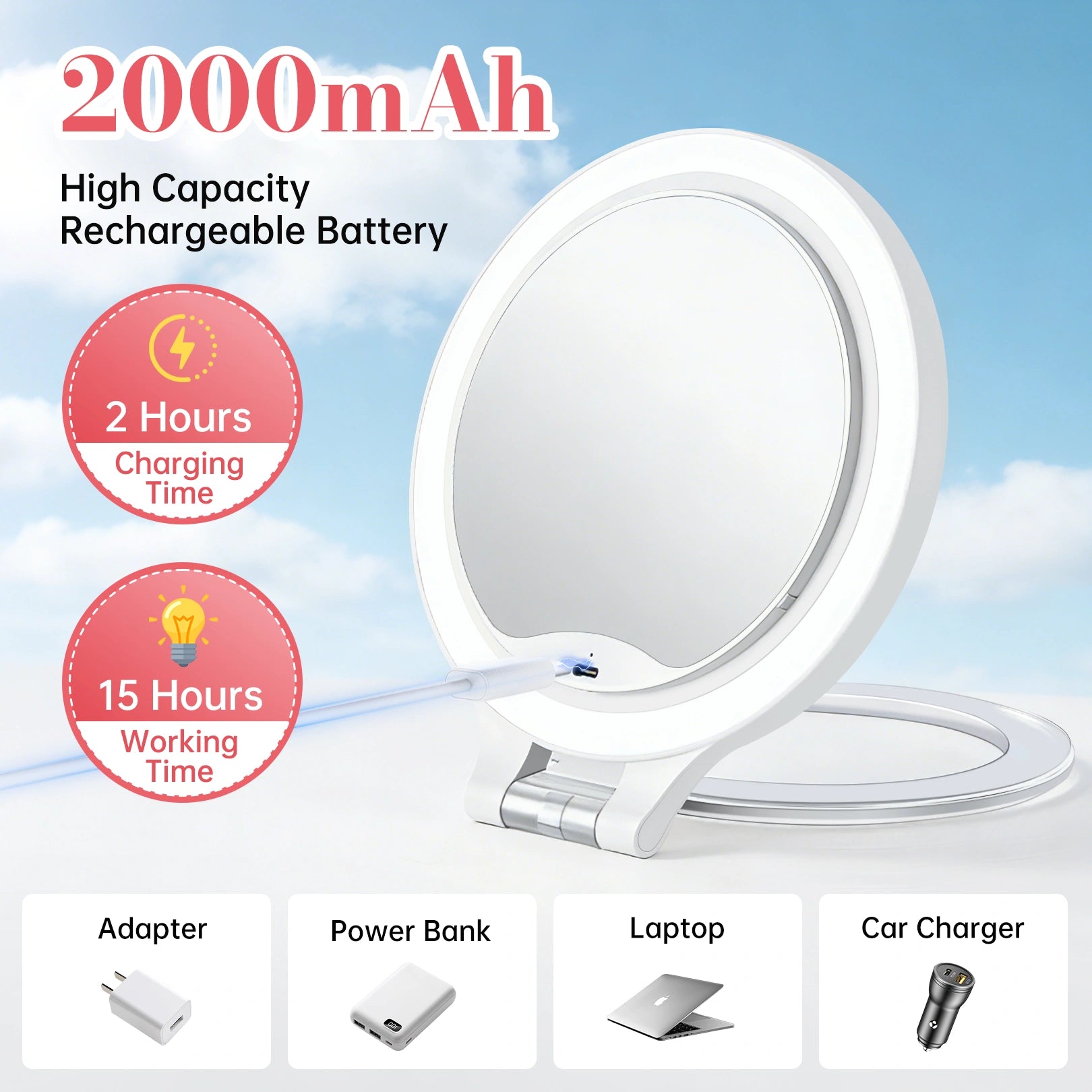 Rechargeable LED makeup mirror with 2000mAh battery, USB charging and long working time