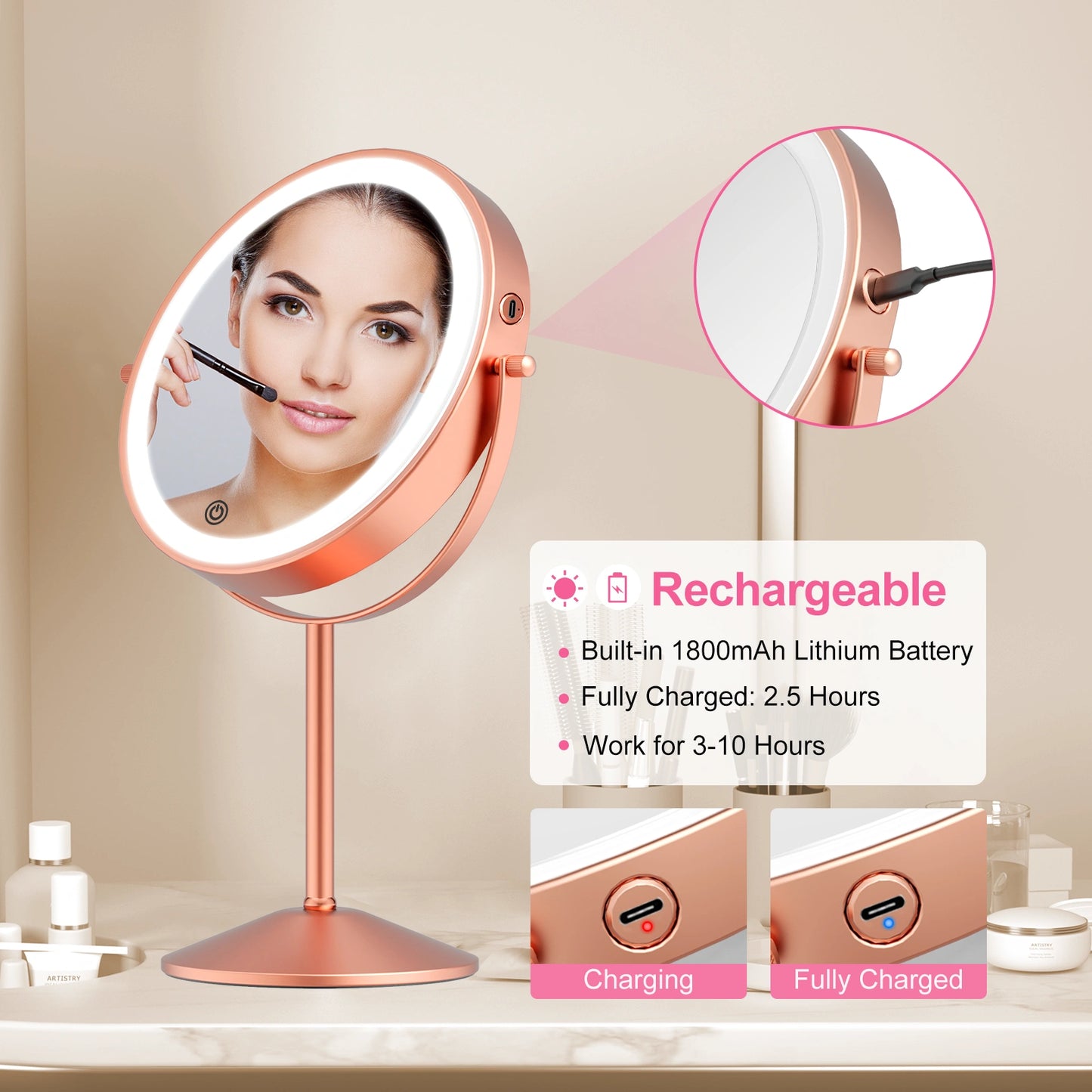 Rechargeable LED makeup mirror with touch control and adjustable brightness for daily beauty routine