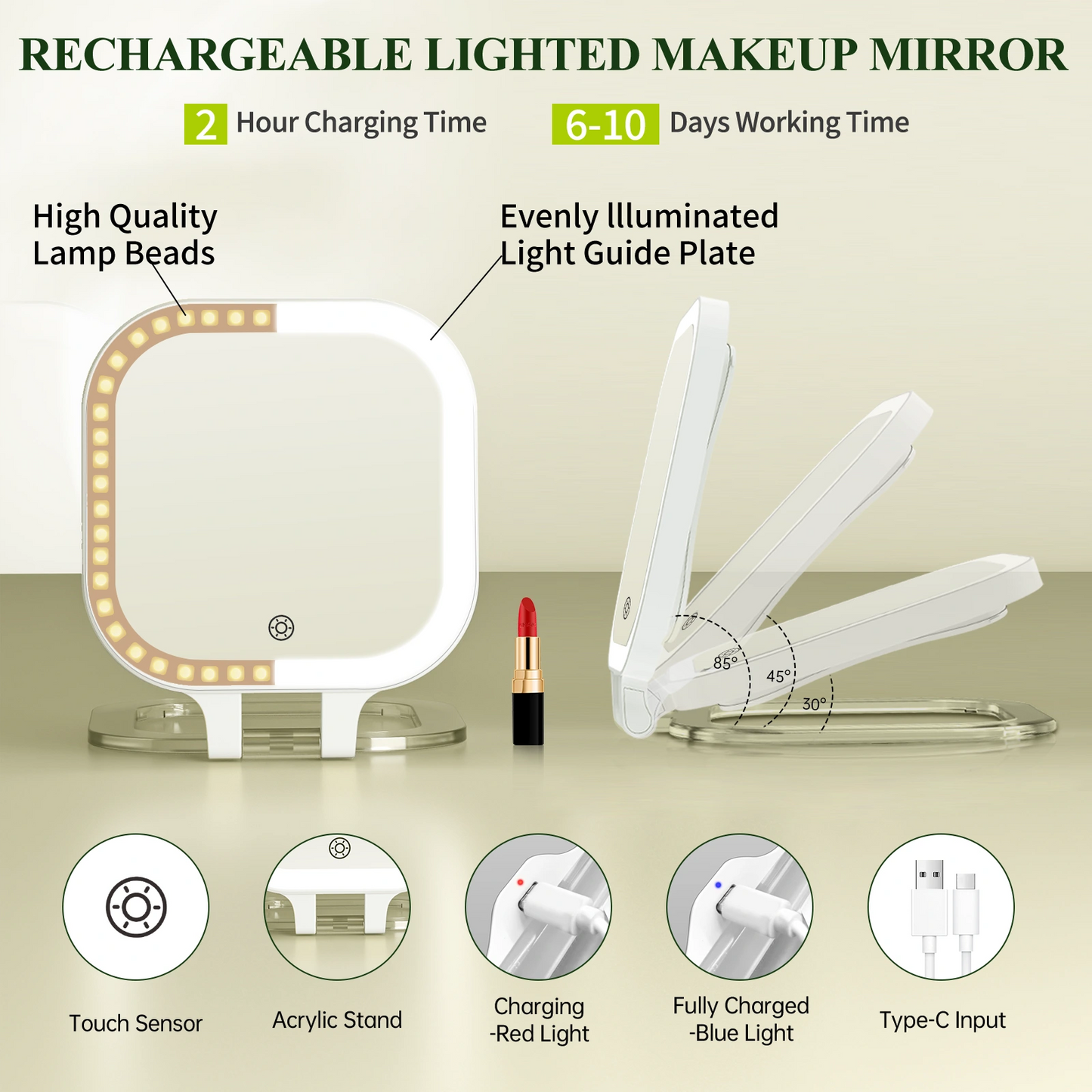 Rechargeable lighted makeup mirror with USB Type-C charging and adjustable LED lights