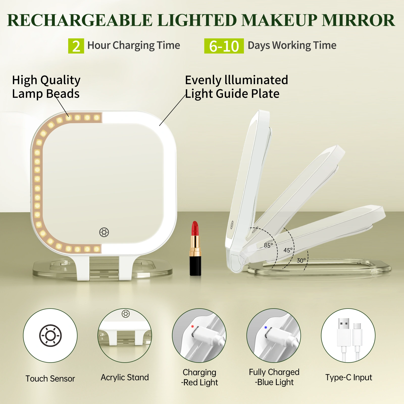 Rechargeable lighted makeup mirror with USB Type-C charging and adjustable LED lights