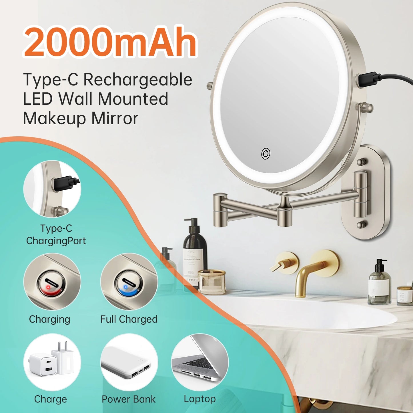 Rechargeable wall mounted LED makeup mirror with 2000mAh battery and Type-C charging
