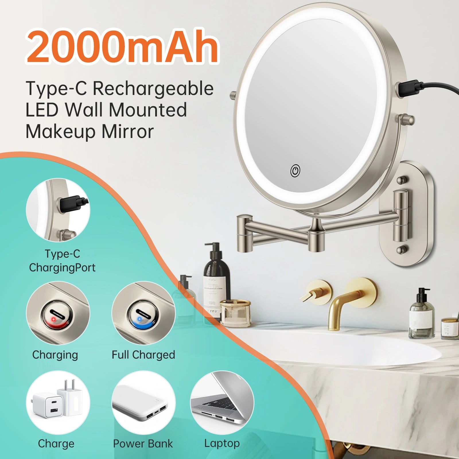 Rechargeable wall mounted LED makeup mirror with 2000mAh battery and Type-C charging