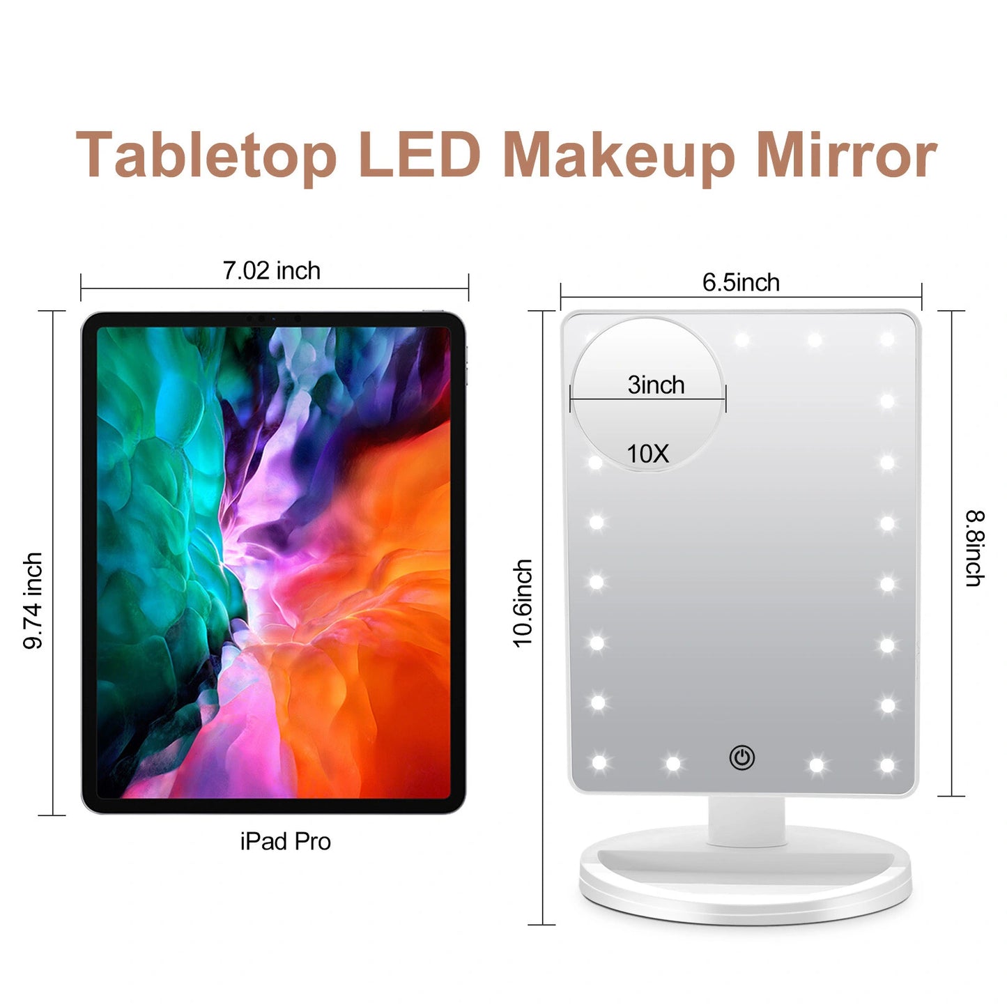 Rectangular LED vanity mirror with tabletop design and large clear mirror surface for makeup