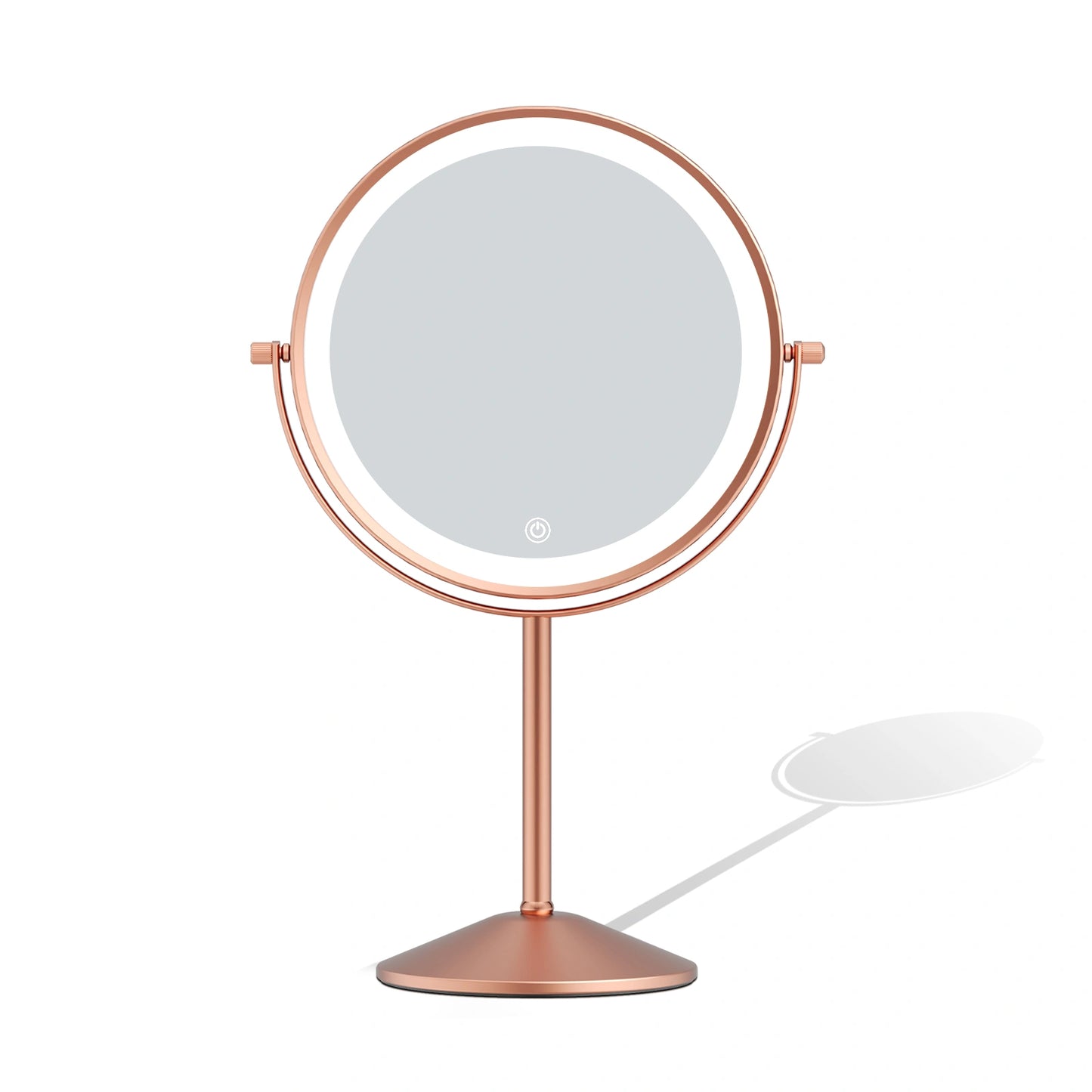 Rose gold LED vanity mirror with stylish round design for bedroom makeup table