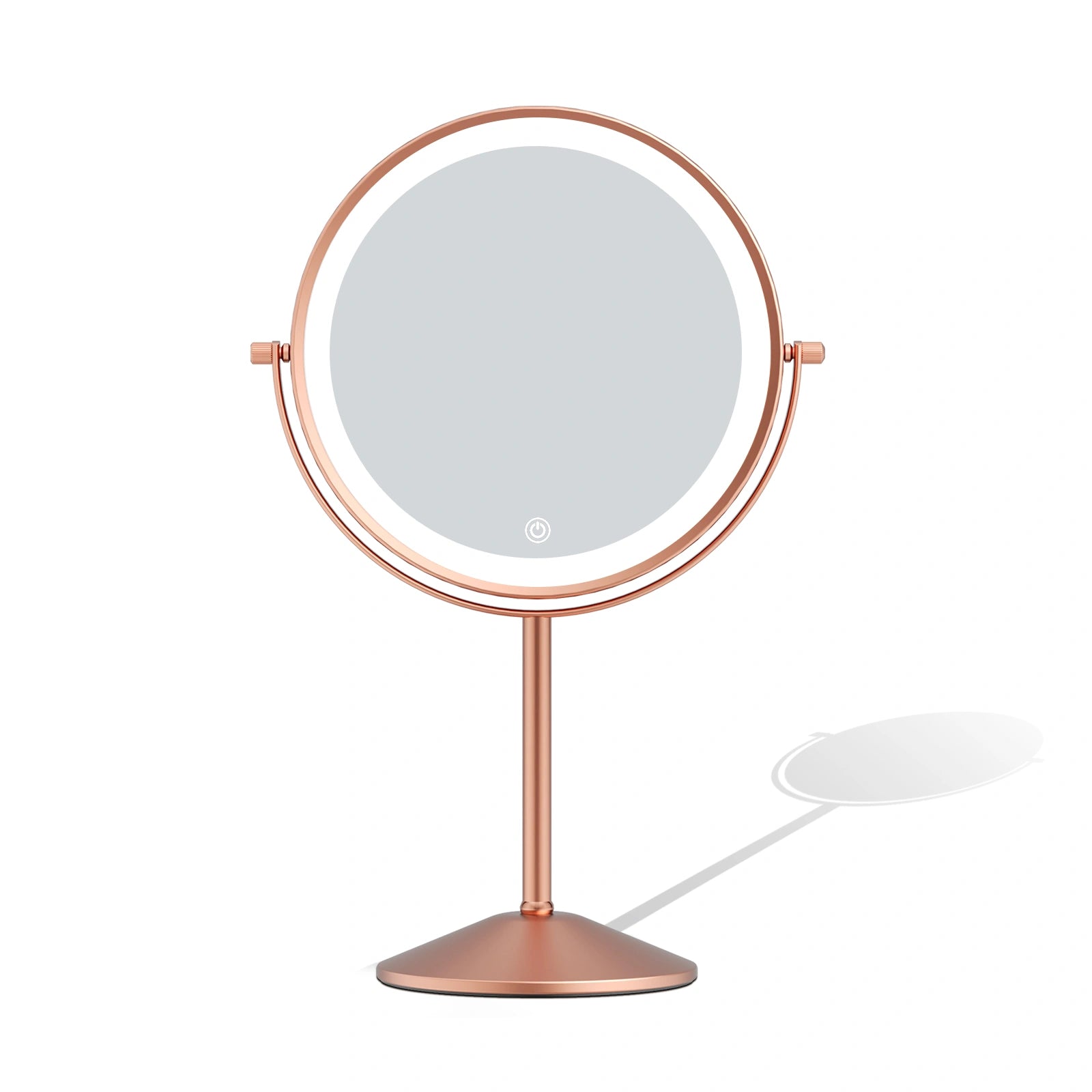 Rose gold LED vanity mirror with stylish round design for bedroom makeup table