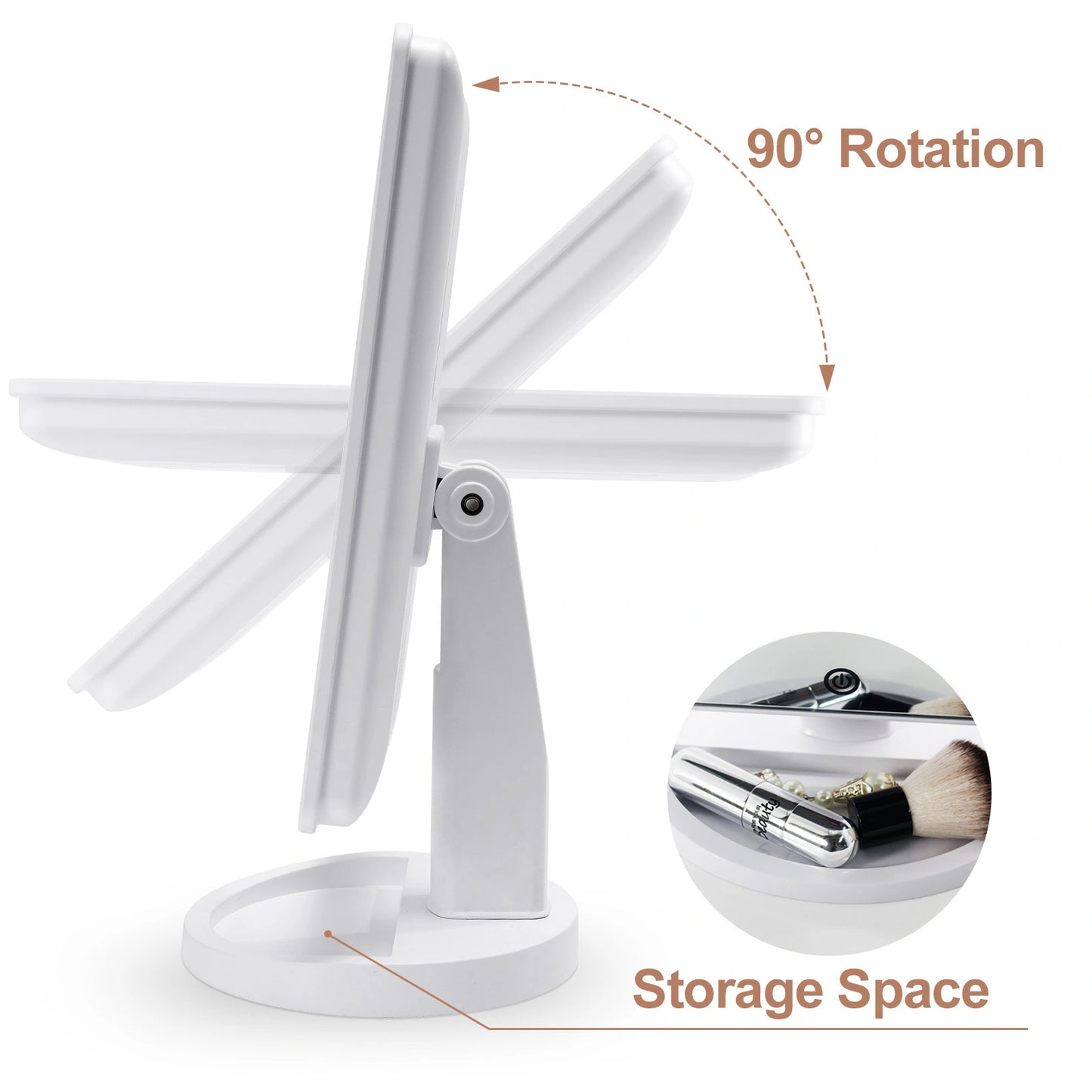 Rotating tabletop makeup mirror with adjustable viewing angle and built-in storage base