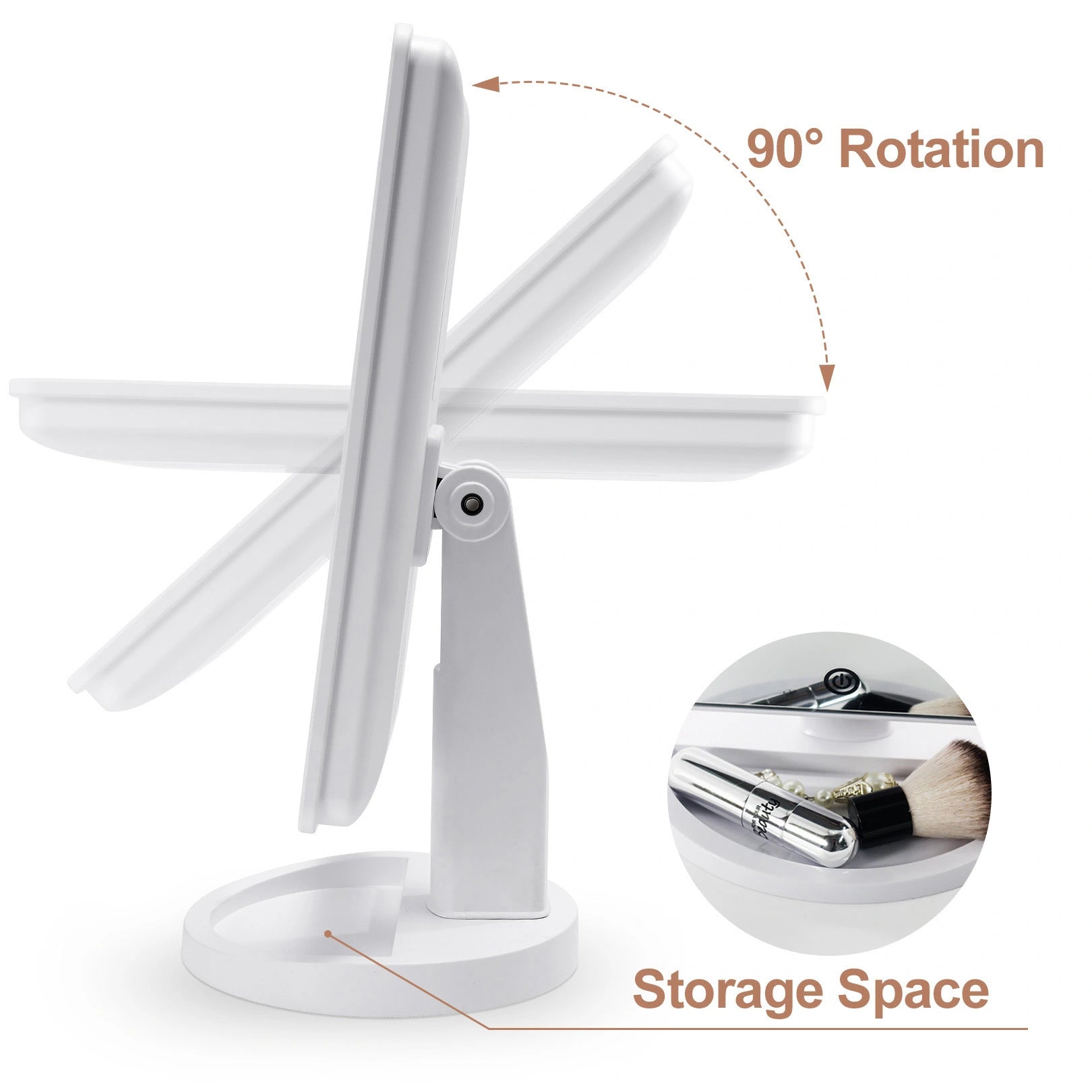 Rotating tabletop makeup mirror with adjustable viewing angle and built-in storage base