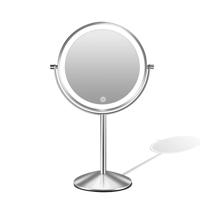 Silver LED vanity mirror with round design for bedroom vanity table and makeup area