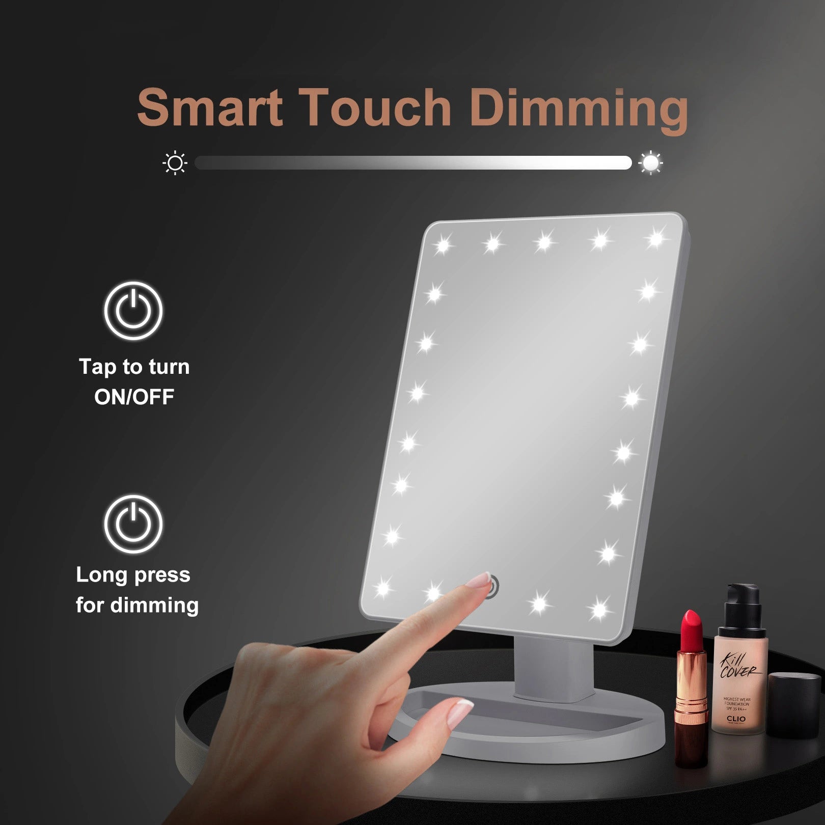Smart touch LED makeup mirror with adjustable brightness dimming control for beauty routine