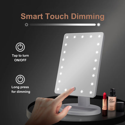Smart touch LED makeup mirror with adjustable brightness dimming control for beauty routine