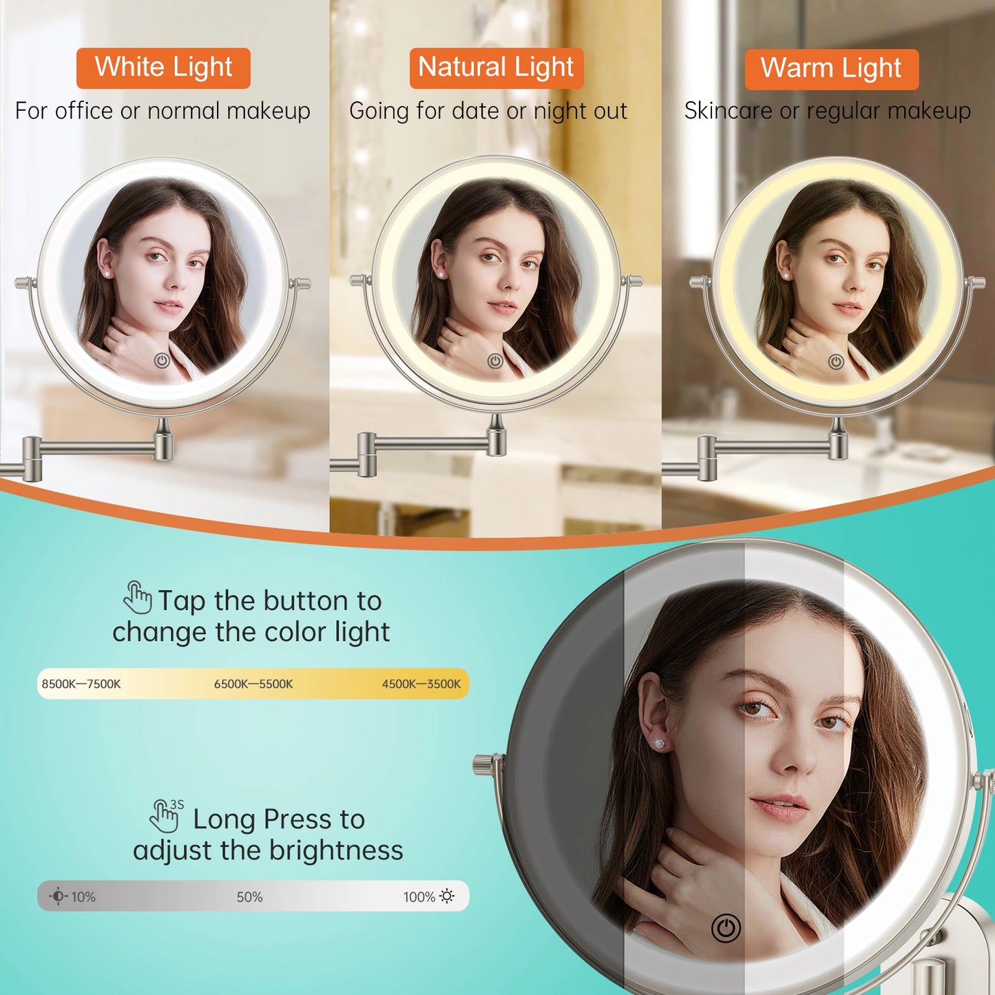 LED makeup mirror with three color lighting modes including white natural and warm light