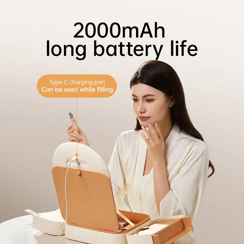 Woman using the LED mirror on a makeup organizer with a 2000mAh rechargeable battery